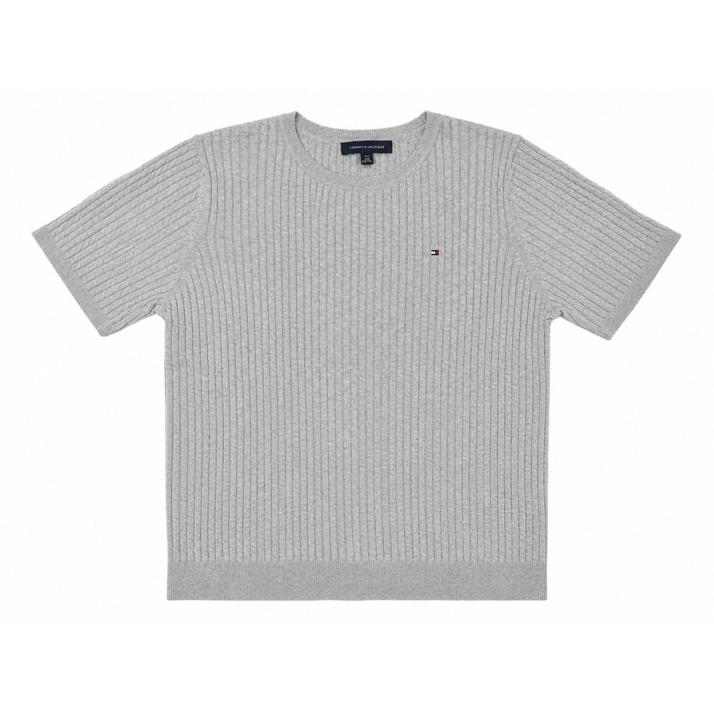 Tommy Hilfiger Women's L Gray Rib-Knit Crew Neck‎ Short Sleeve Pullover Logo
